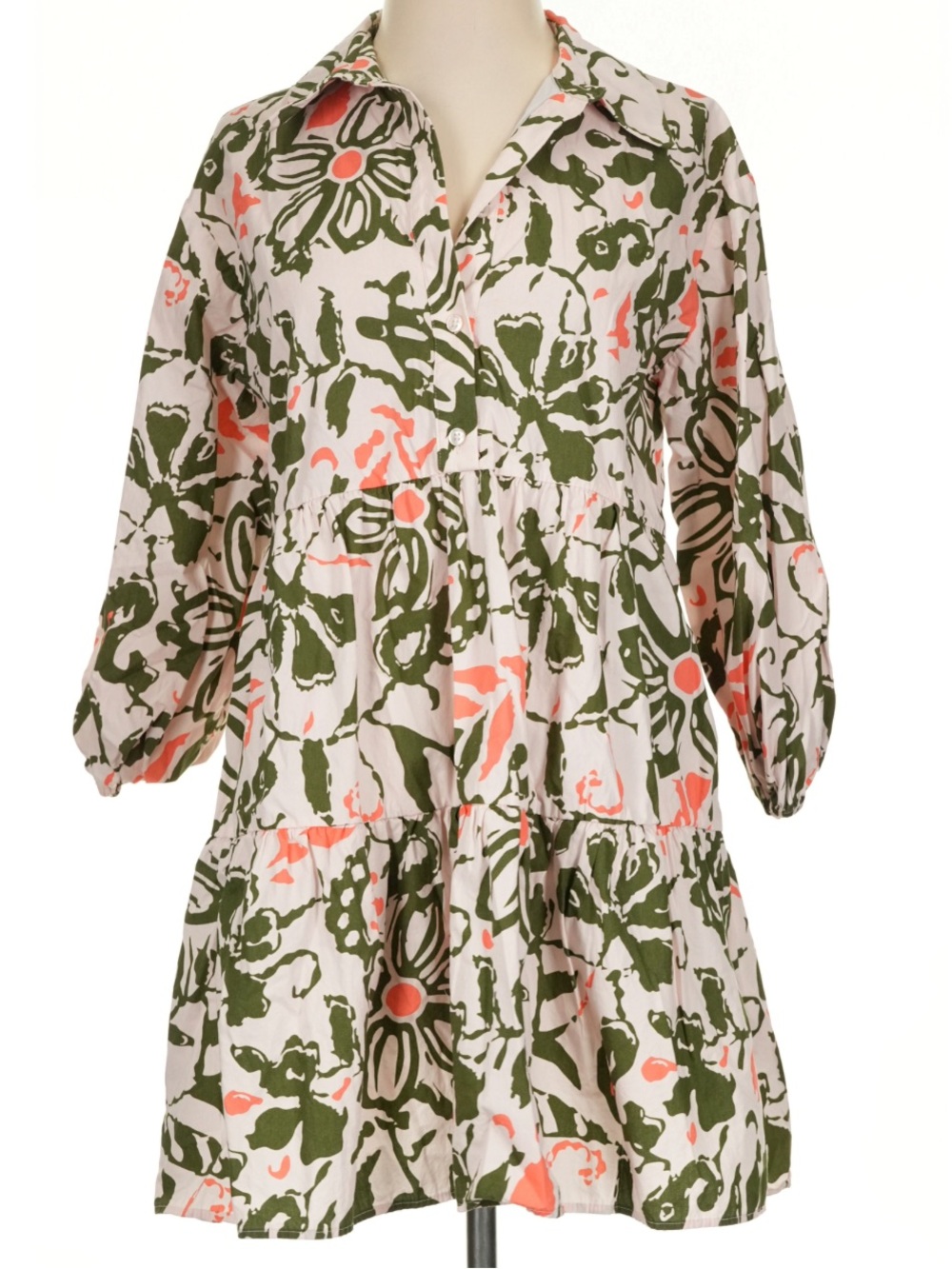 Maeve Floral Tiered Mini Dress in Olive Green and Coral on Cream
